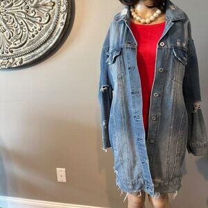 HIGHWAY JEANS - JEAN JACKET SZ L -  3/4 LENGTH SHREDDED BLUE DENIM
